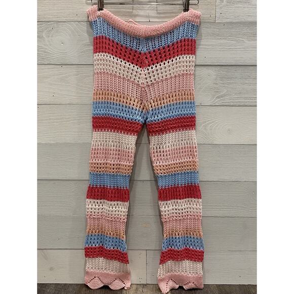 Womens Crochet Pants Sz Medium NEW Pink & Blue Knit Summer Beach Vacation Resort - Picture 2 of 11